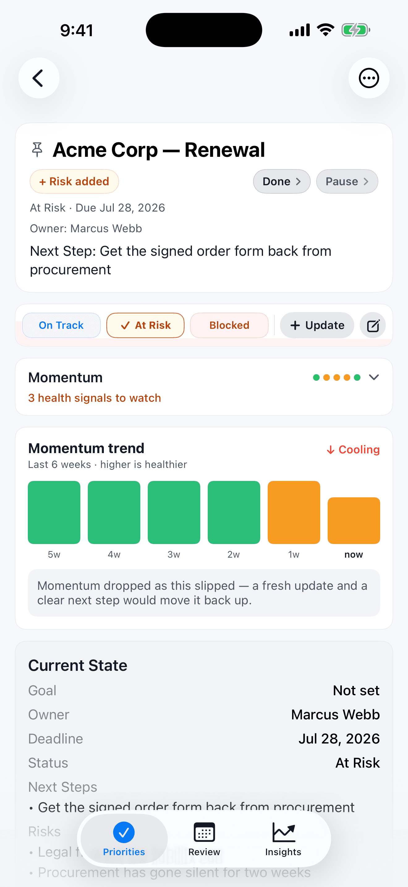 Acme Corp — Renewal status in TemporalNotes: the current state assembled from captured updates — owner Marcus Webb, deadline Jul 28 2026, status At Risk, the next step, and open risks.