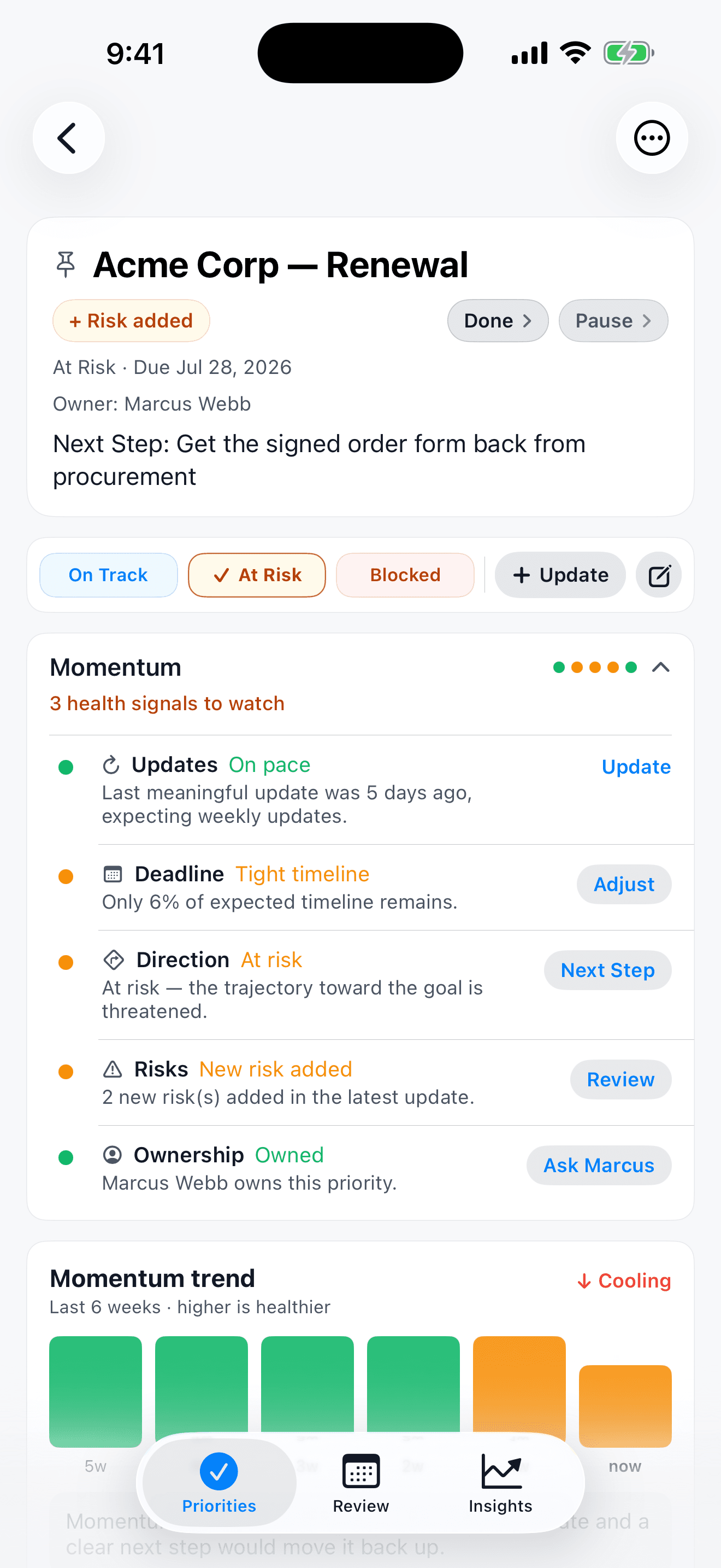 Acme Corp — Renewal in TemporalNotes, showing the Momentum panel: five plain-language signals — Updates, Deadline, Direction, Risks, and Ownership — each marked green, amber, or red with a one-line reason and a one-tap fix.