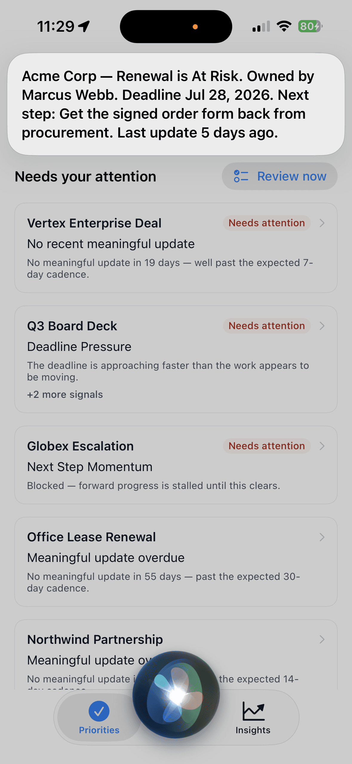 Siri reading back the status of Acme Corp — Renewal without opening TemporalNotes: At Risk, owned by Marcus Webb, deadline Jul 28 2026, next step, and how fresh the answer is.
